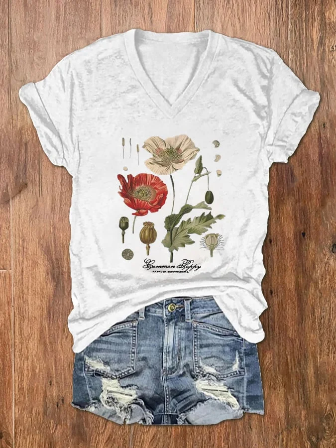 Floral Graphic Print V-neck Women's T-shirt