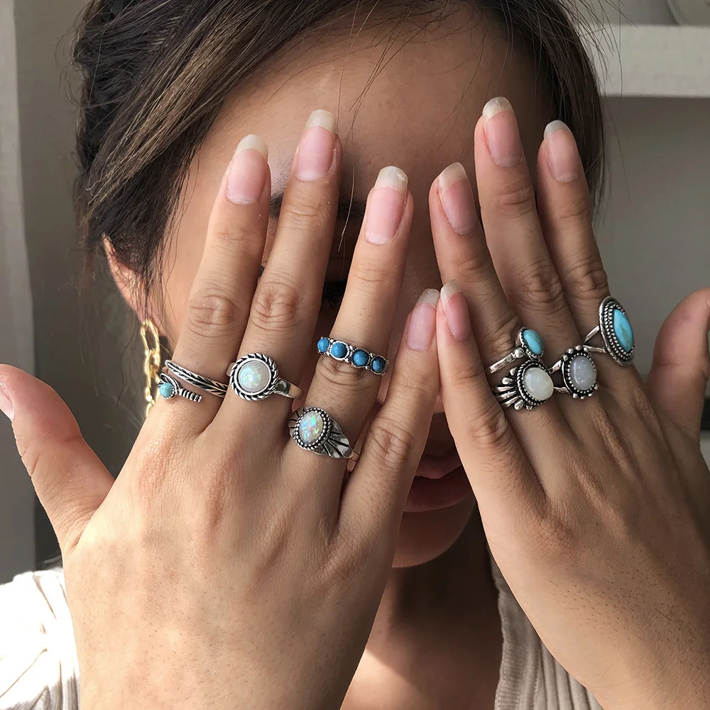 Vintage turquoise alloy ladies 8-piece rings set - Devcarry