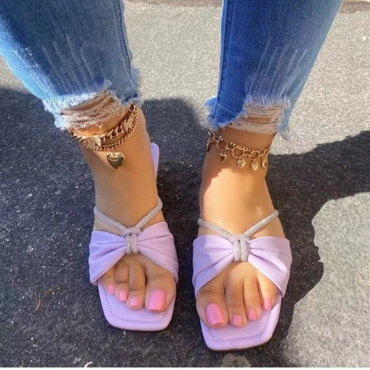 Women Rhinestone Bowknot Square Toe Slide Sandals Slippers Shoes