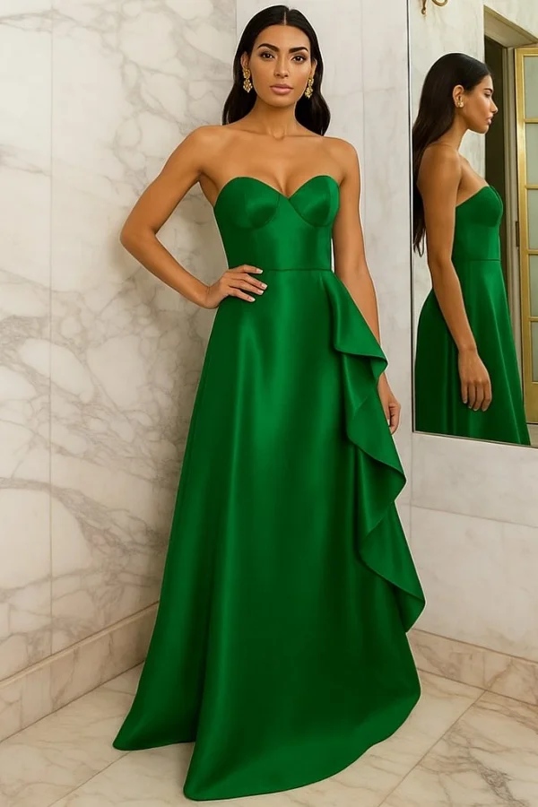 Lvs&Broner Green Strapless Sleeveless Long Pleated Prom Dress With Ruffles