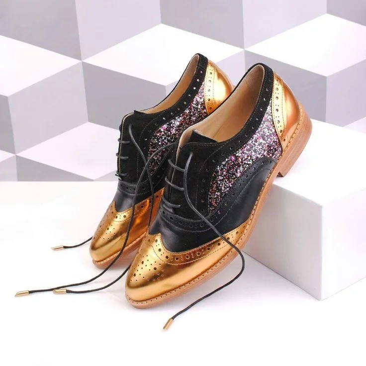 Black and Gold Two Tone Wingtip Glitter Women's Oxfords Lace up Flats |FSJ Shoes