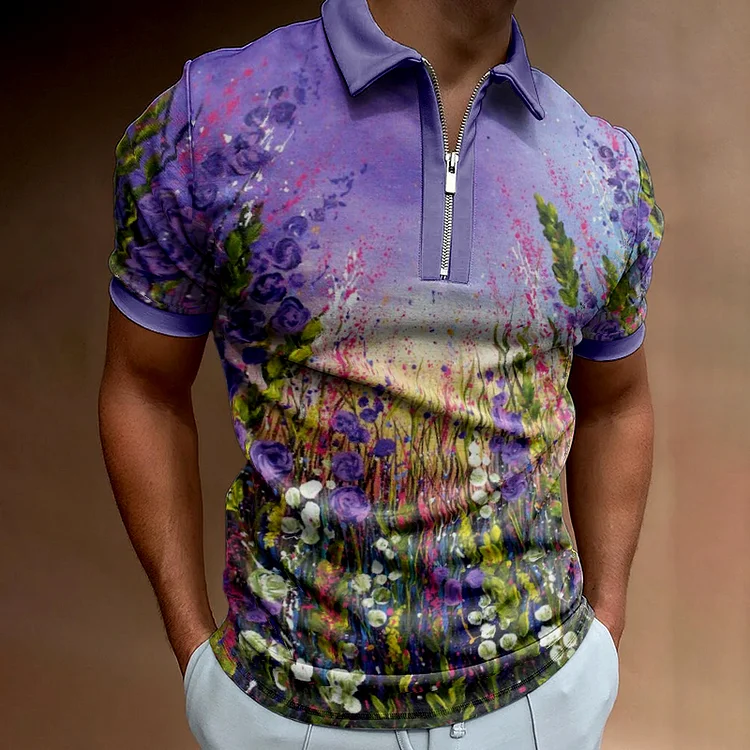 BrosWear Men'S Art Flower Oil Painting Print Polo Shirt