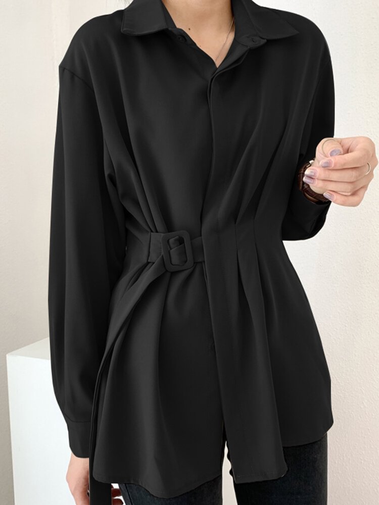Women Solid Color Long Sleeve Loose Casual Blouse With Belt
