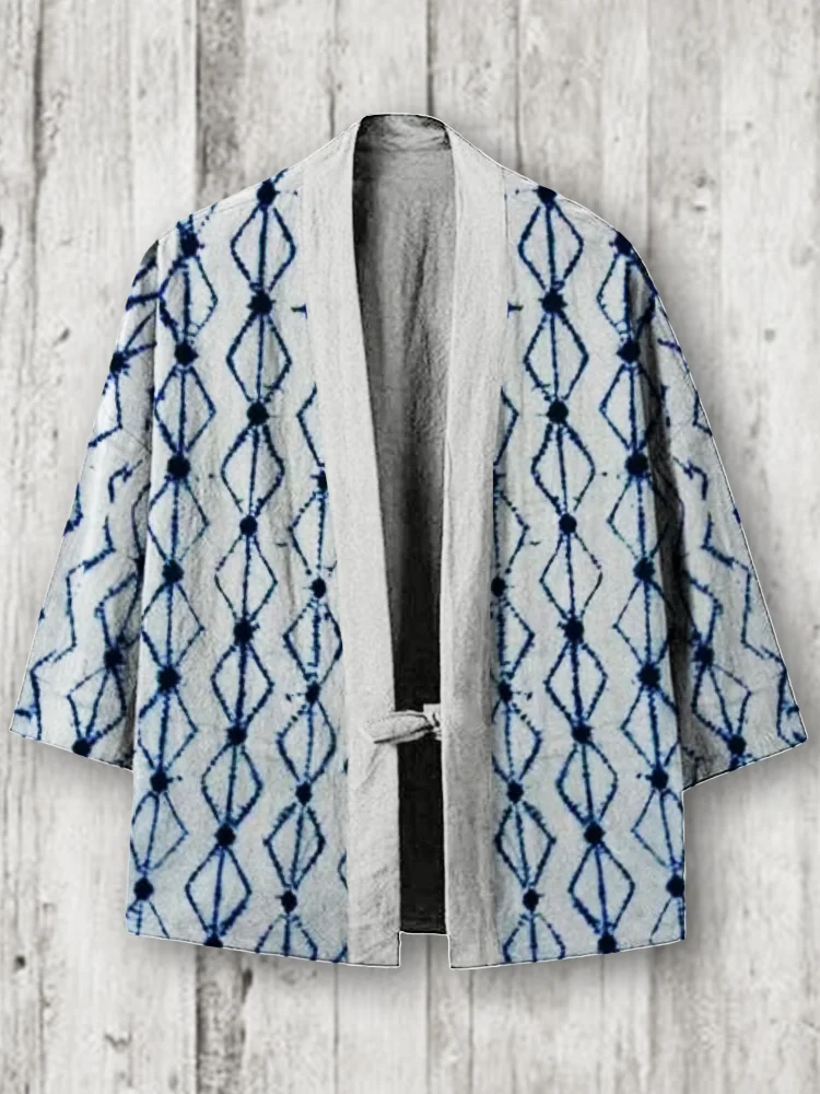 Comstylish Japanese Geometric Tie Dye Linen Blend Kimono Cardigan