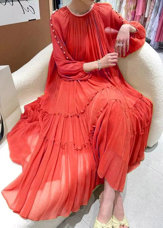 Elegant Red Nail bead Ruffled Silk Dress