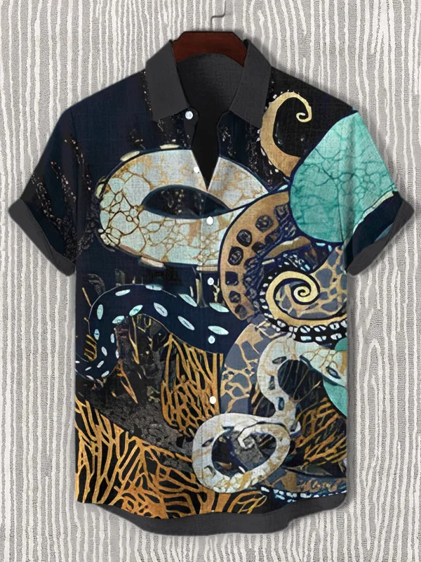 Men's Dark Cthulhu Octopus Print Short Sleeve Shirt