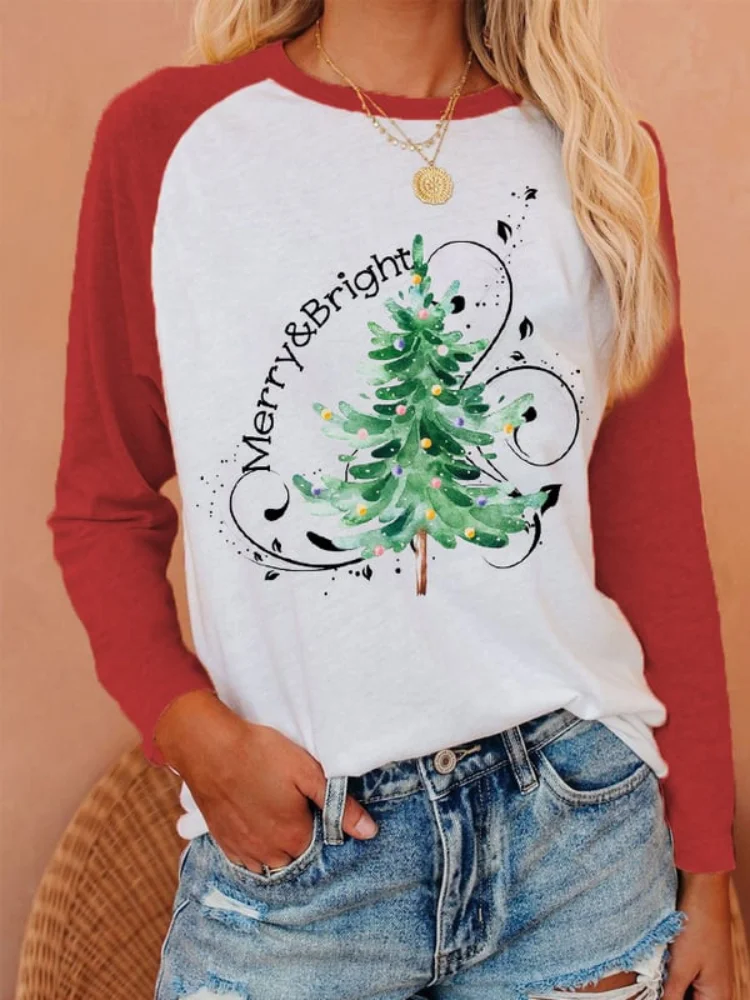 Vefave Merry And Bright Christmas Tree Print T Shirt