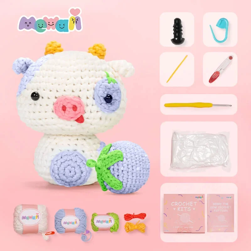 Mewaii Crochet Kits For Beginner Crochet Strawberry Cow Starter Crochet Kits with Easy Peasy Yarn