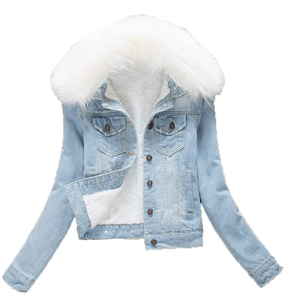 Women White Faux Fur Fleece Denim Short Jacket Thicken Jean Sherpa Coat