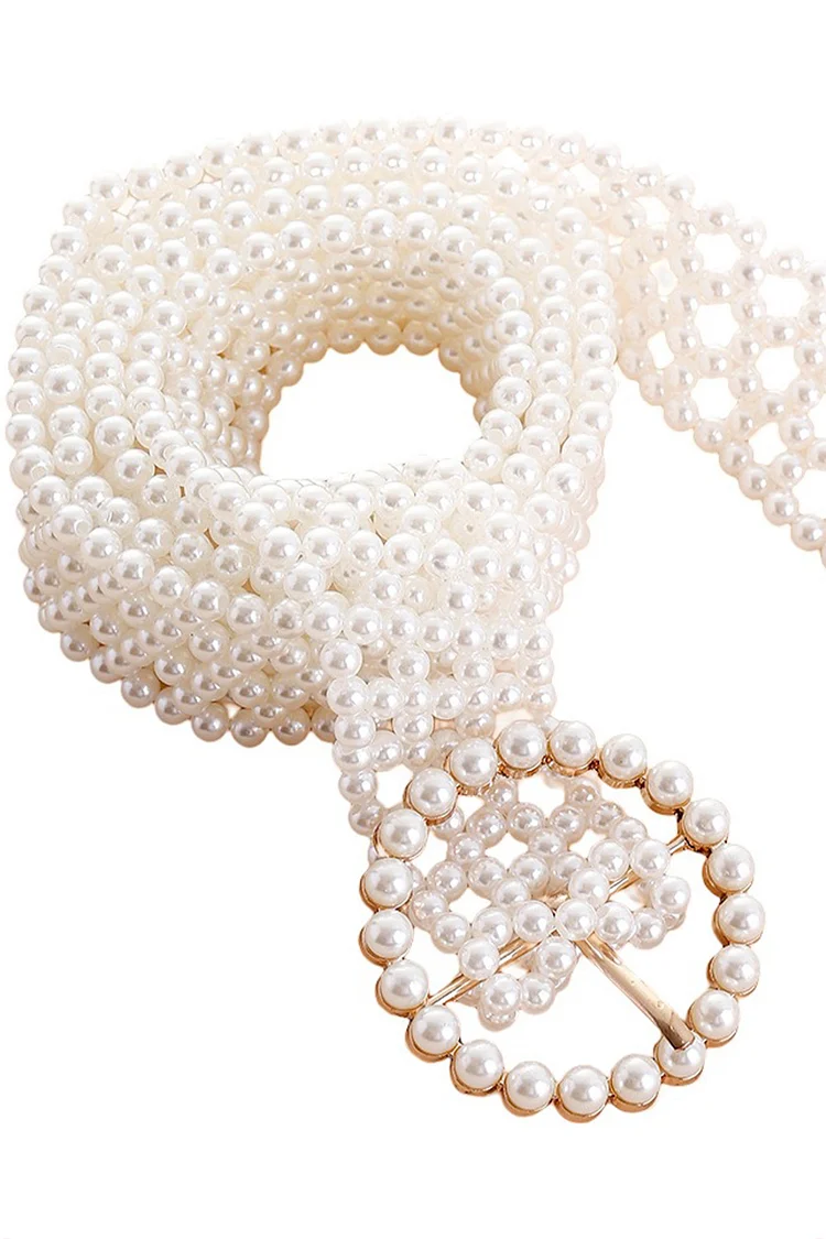 1950s White Daily Imitation Pearl Wide Decorative Belt