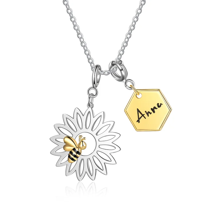 Personalized Sunflower Necklace with Bee Charm Custom Name Necklace