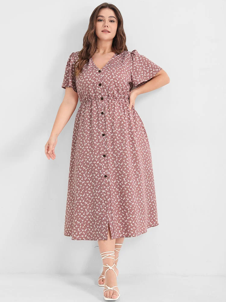 Floral Button Flutter Pocket V Neck Dress