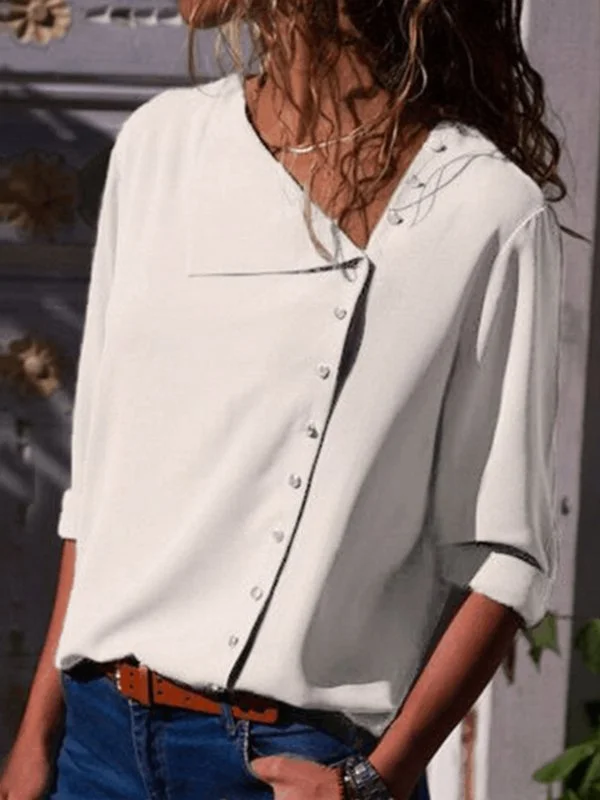 Shift Long Sleeve Casual Solid Buttoned Blouse Zaesvini