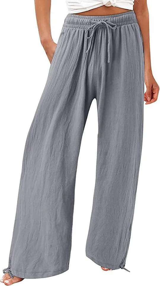 Summer Casual Loose Beach Pants Women's Wide Leg Pure Color Rope Detailing Long Trousers Comfortable Loose Fit Beachwear