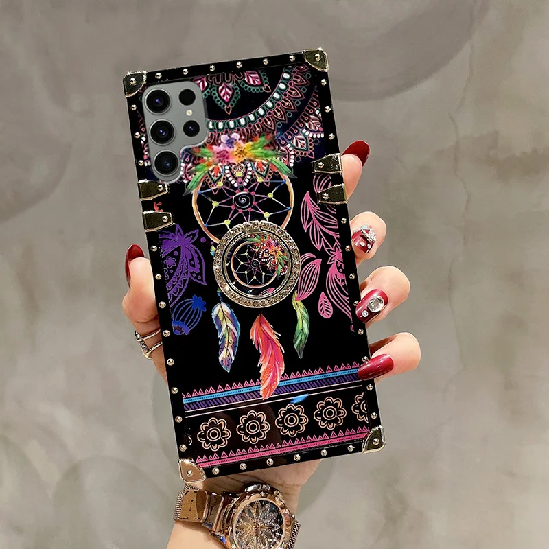 Retro Bohemian Punk Rivet Phone Case With Rotating Metal Ring Kickstand For Galaxy S22/S22+/S22 Ultra/S23/S23+/S23 Ultra