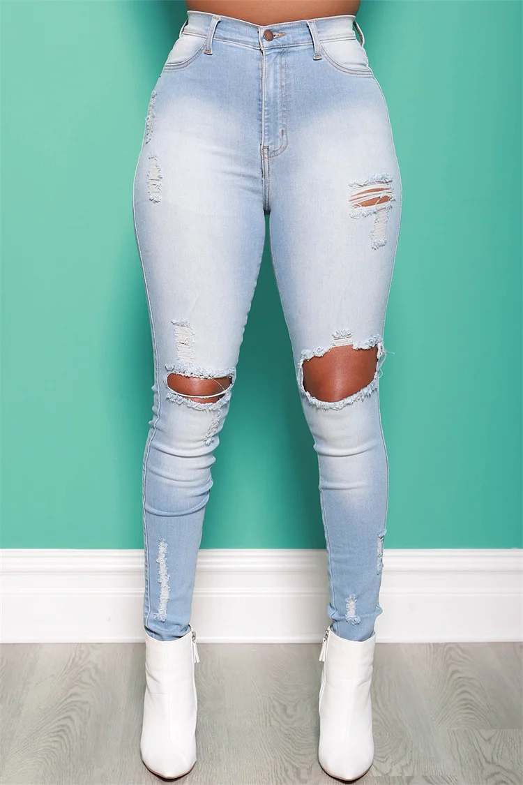 Baby Blue Fashion Casual Solid Ripped High Waist Skinny Denim Jeans