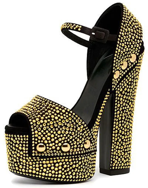 VCSHOES Rivets Studs Platform Full Rhinestone Sandals Peep Toe Woman Red Gold Crystal Ankle Strap Chunky Heels Gladiator Shoes