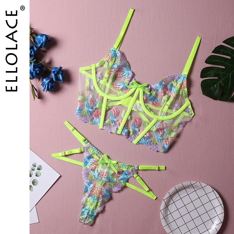 Uaang Ellolace Luxury Lingerie Sexy Floral Embroidery Set Woman