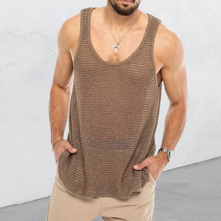 Men's Casual Knitted Hollow Out Scoop Neck Sleeveless Tank Top