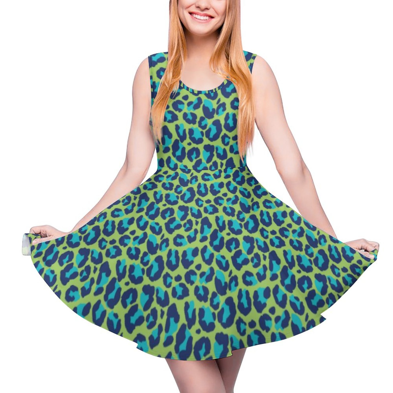 Wild Safari Green And Teal Leopard Print Crewneck A-line Skater Dress Wild Safari Green And Teal Leopard Print Crewneck A-line Skater Dress
