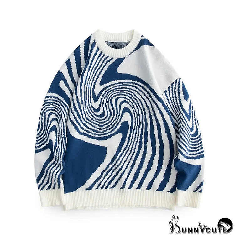 Whirlpool Print Colorblock Round Collar Knitted Sweater