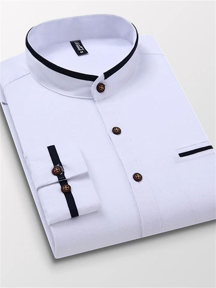 Men's Dress Shirt White Blue Light Blue Long Sleeve Solid / Plain Color Standing Collar Spring & Fall Wedding Clothing Apparel