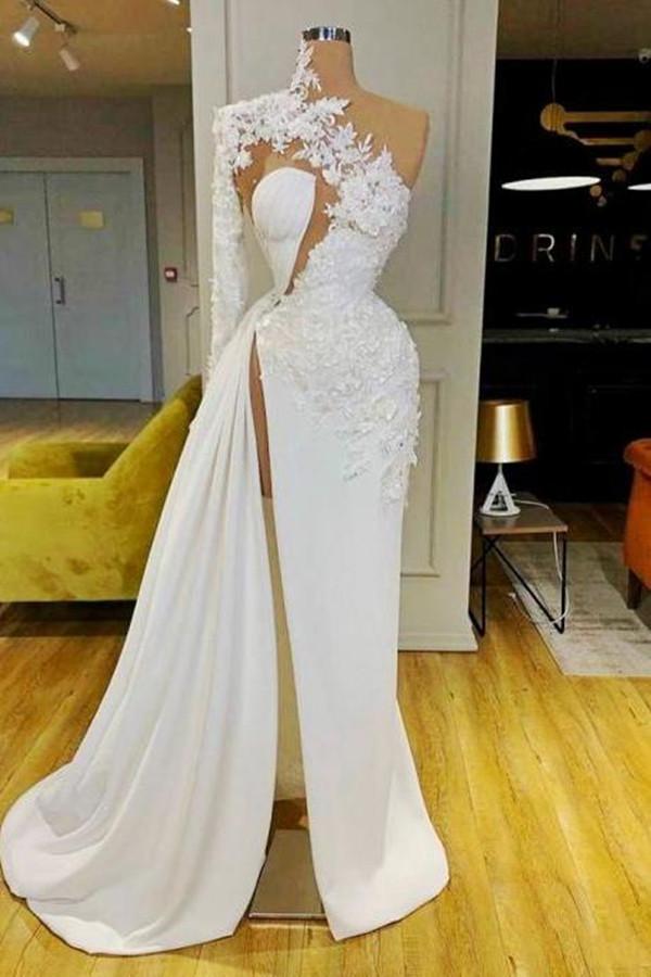 Dresseswow White Long Sleeves Lace Appliques Prom Dress Mermaid One Shoulder Party Gowns