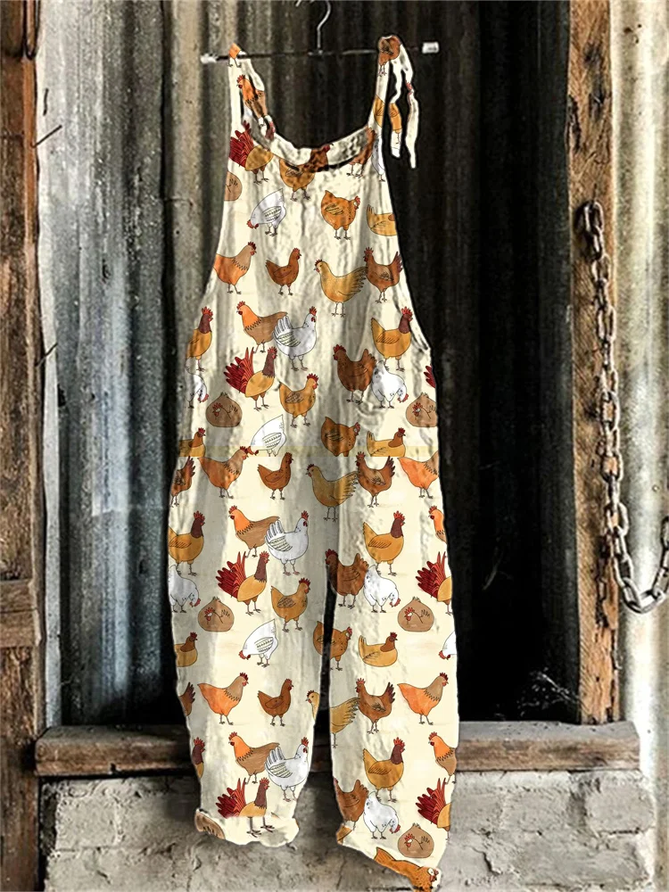 Comstylish Women's Farm Chicken Print Linen Blend Casual Jumpsuit