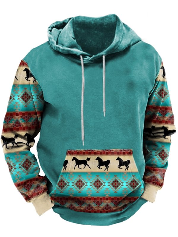 Men's Vintage Western Ethnic Split Print Hoodie Top
