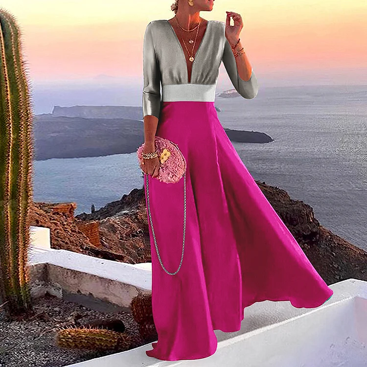 Vefave Long Sleeve Colorblock V-Neck Maxi Dress