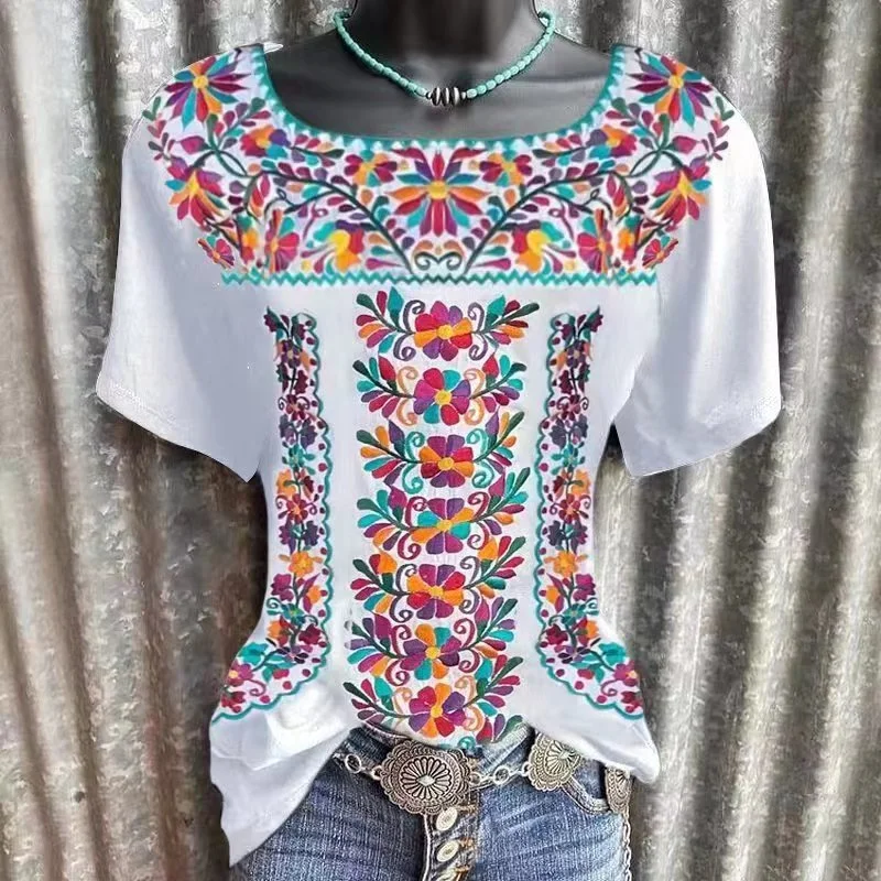Ethnic Print Casual Loose Short Sleeved T-Shirt