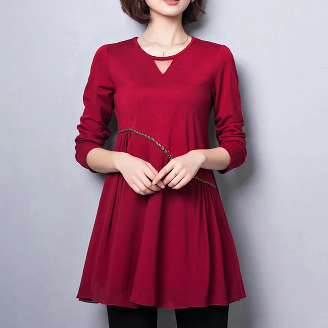 2021 new red cotton blended dresses loose fit v neck patchwork chiffon dress