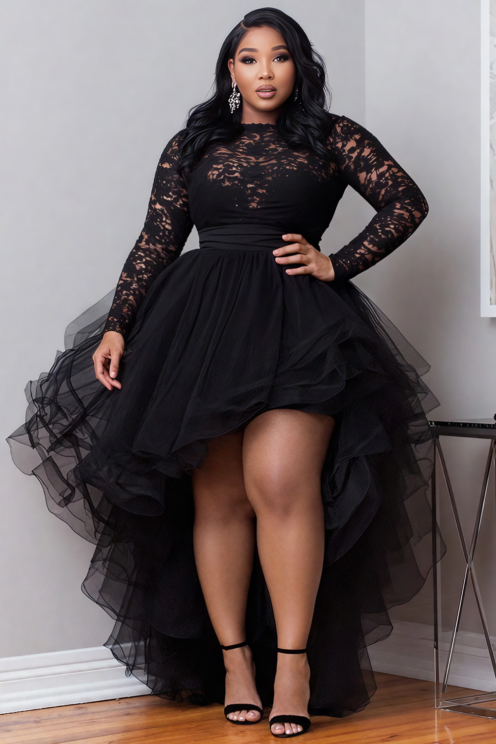 Plus Size Cocktail Party Tulle Lace Black High Low Hem Round Neck Long Sleeve Elegant Ruffle Mini Dress