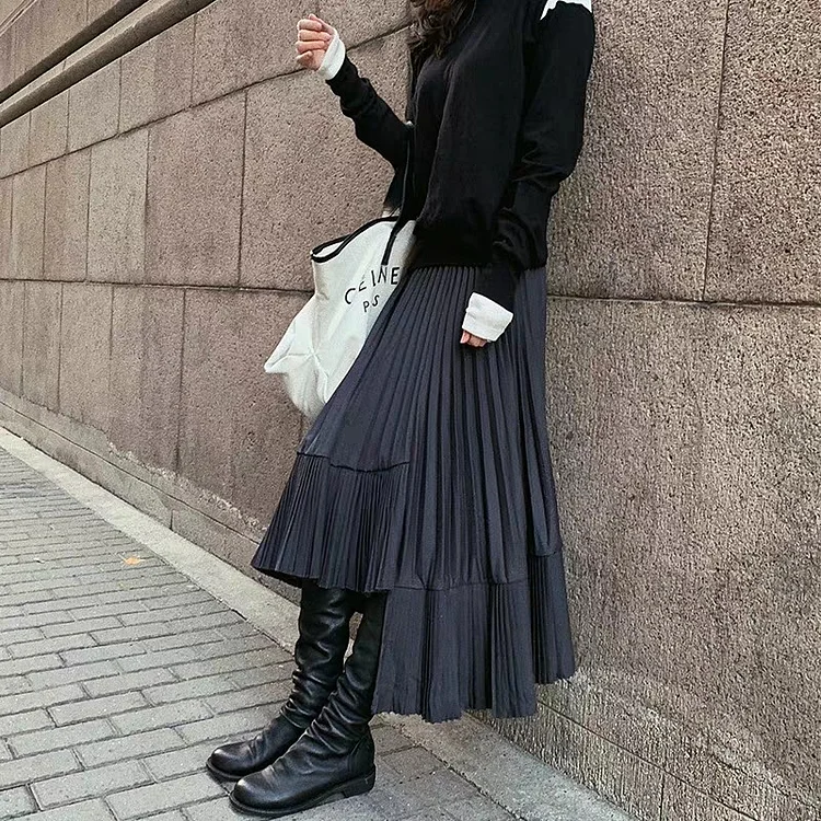 Irregular Black Pleated High Waist Skirt