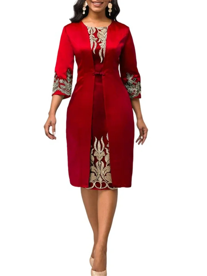 Women's Plus Size Party Dress Floral Crew Neck Ruched 3/4 Length Sleeve Winter Fall Elegant Midi Dress Formal Party Dress / Print-Cosfine