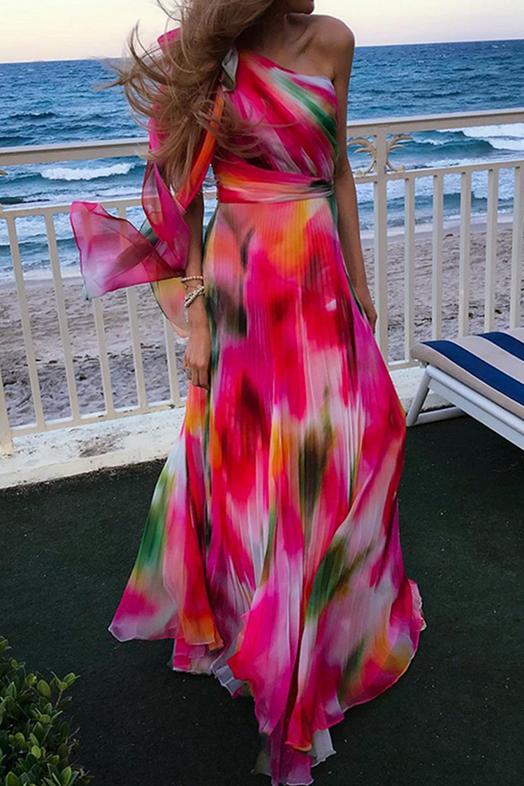 Fashion Patchwork Tie-Dye One Shoulder Waist Skirt Dresses