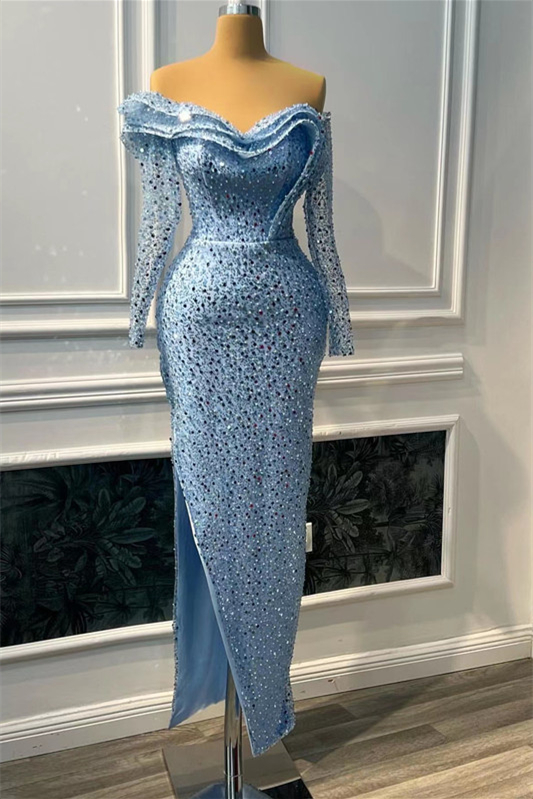 Daisda Blue Sweetheart Long Sleeves Mermaid Prom Dress Slit With Beads