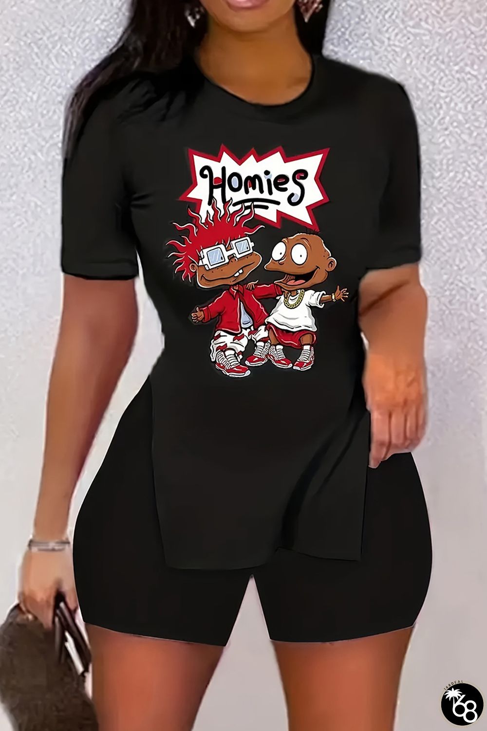 Casual Print Slit Basic O Neck Short Sleeve Two Pieces | 168DEAL