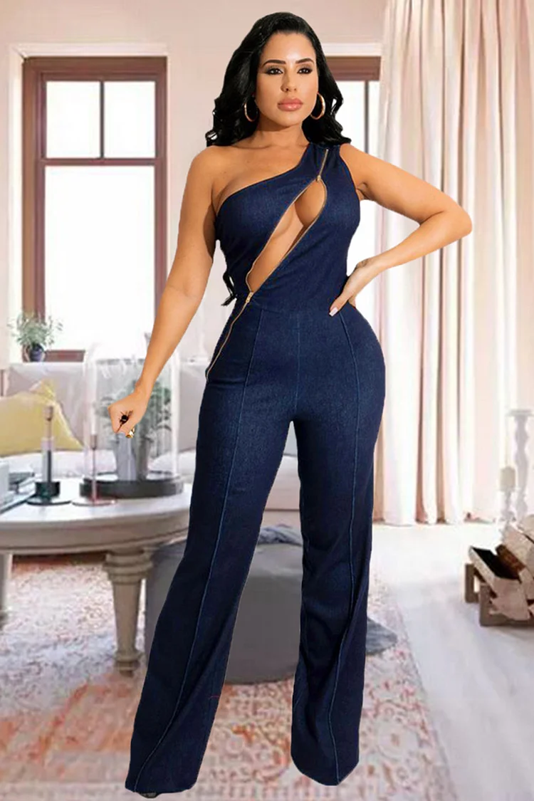 One Shoulder Zip Cut Out Sleeveless Slim Denim Jumpsuit