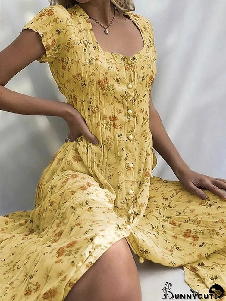 Women's Shift Dress Midi DressShort Sleeve Floral Button Front Print Summer Round Neck Boho Dress