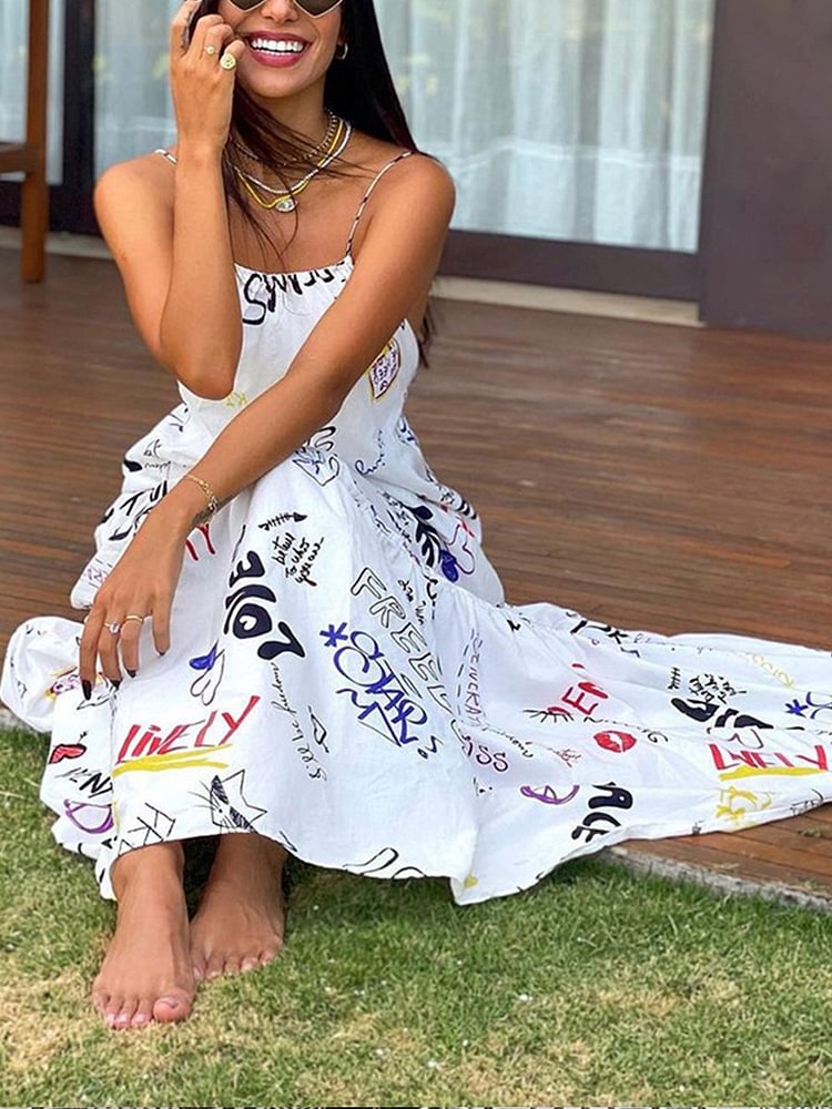 Cross Open Back Drawstring Print Maxi Dress P11131