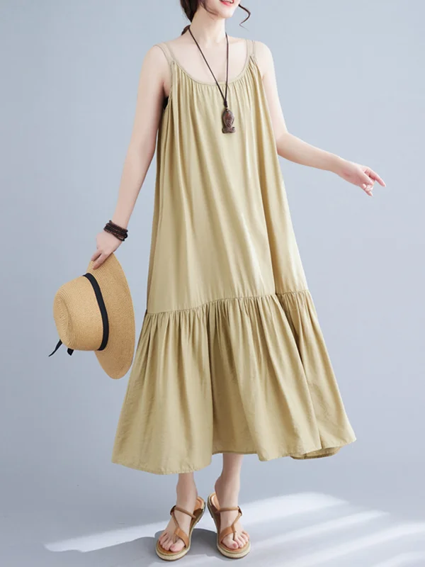 Roomy Sleeveless Pleated Pure Color Split-Joint Spaghetti-Neck Midi Dresses