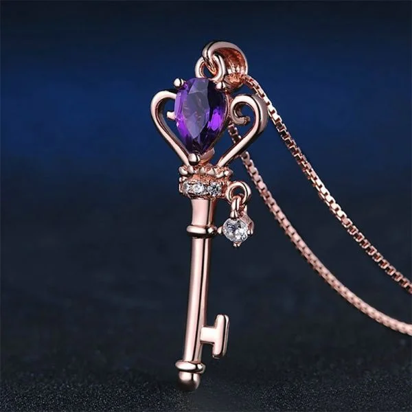 Crown Key With Natural Amethyst Gemstone Rose Gold Plated Pendant Necklace For Women