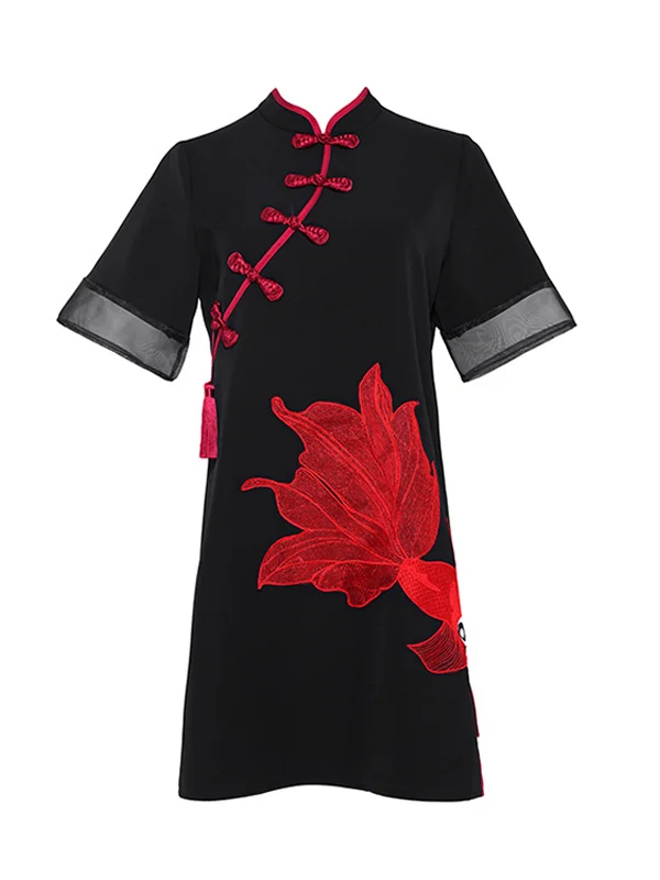 Koi Embroidery A-Line Cheongsam Mini Dress