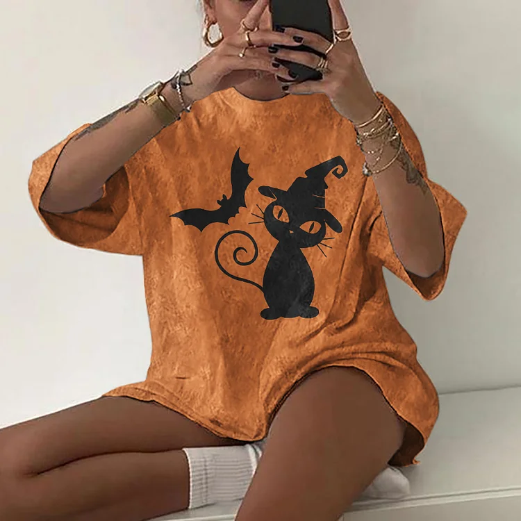 Vefave Cat Bat Print Short Sleeve T-Shirt