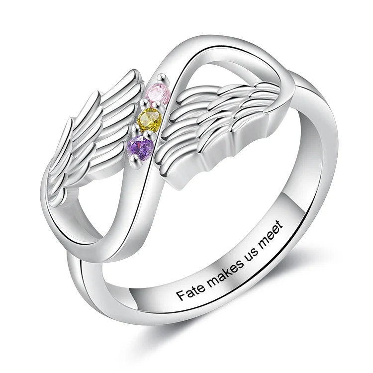 Personalized Infinity Ring with 3 Birthstones Angel Wing Ring
