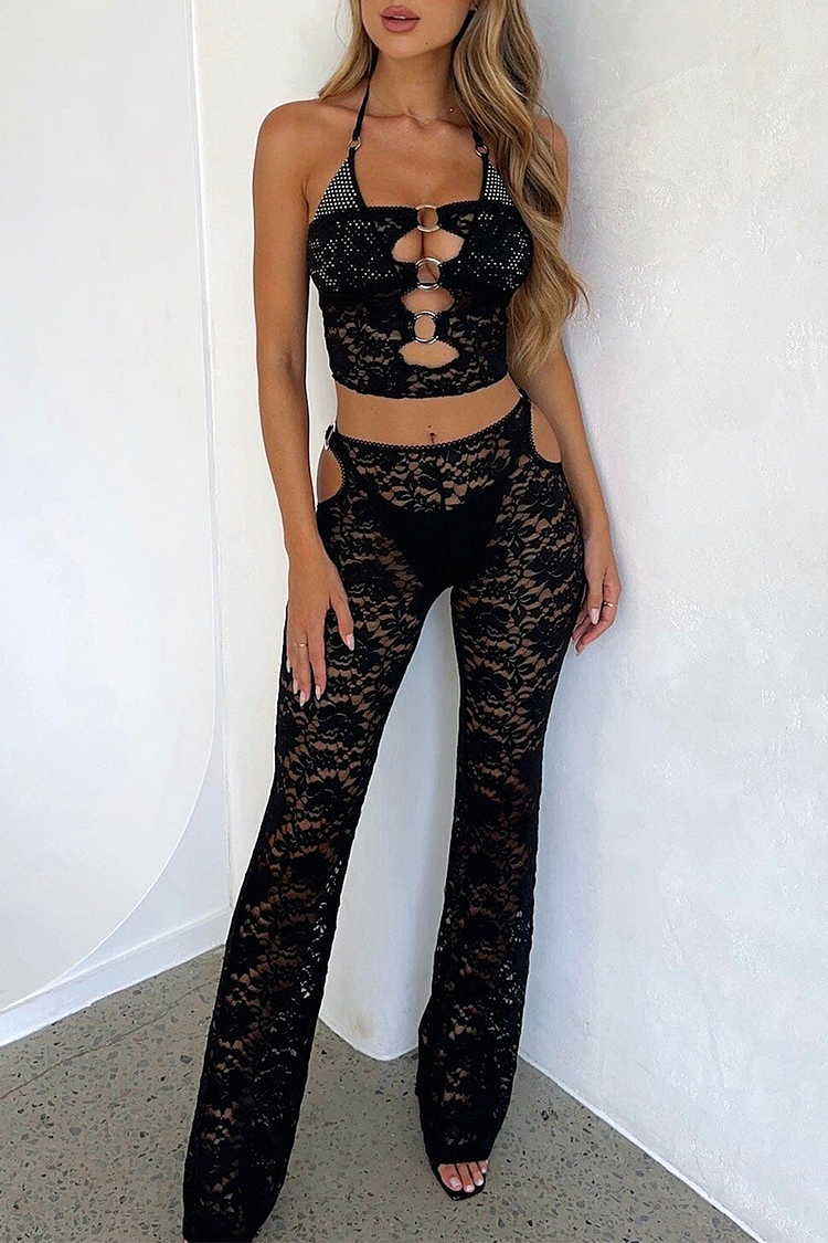 Floral Lace Cutout O-Ring Decor Halter Crop Top See Through Pants Matching Set-Black [Pre Order]