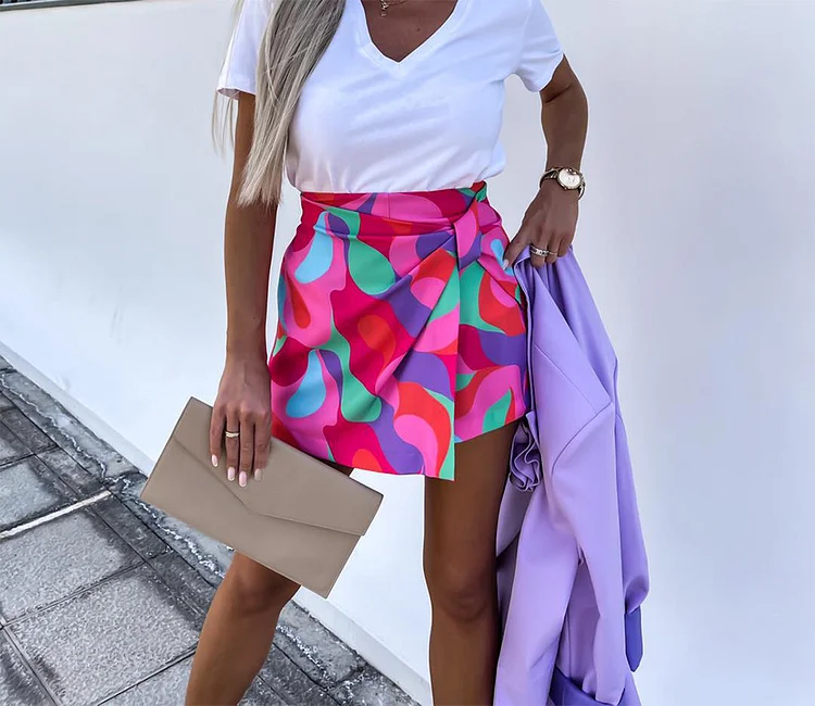 Summer New High Waist Printed Slim Fit Straight Shorts and Skirts for Women_ ecoleips_old
