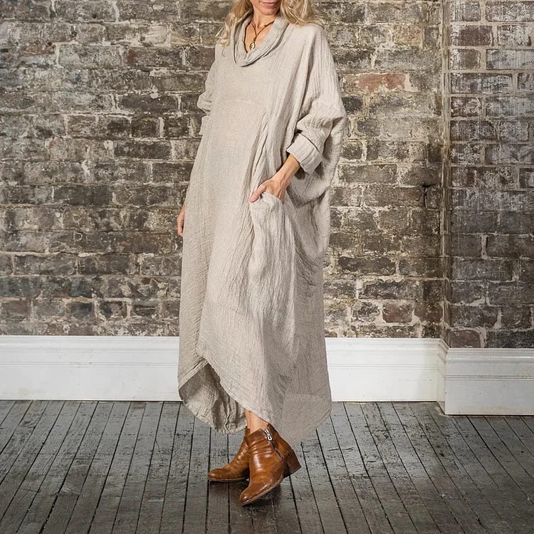 Solid Color Comfortable Casual Loose Fitting Long Sleeved Maxi Dress