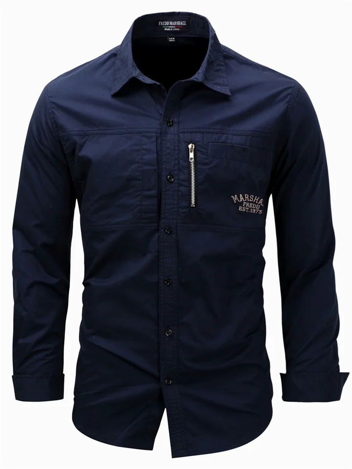 New Large Size Four Seasons Men's Long-sleeved Lapel Zipper Shirt Cotton Military Outdoor Leisure Solid Color Shirt-Cosfine